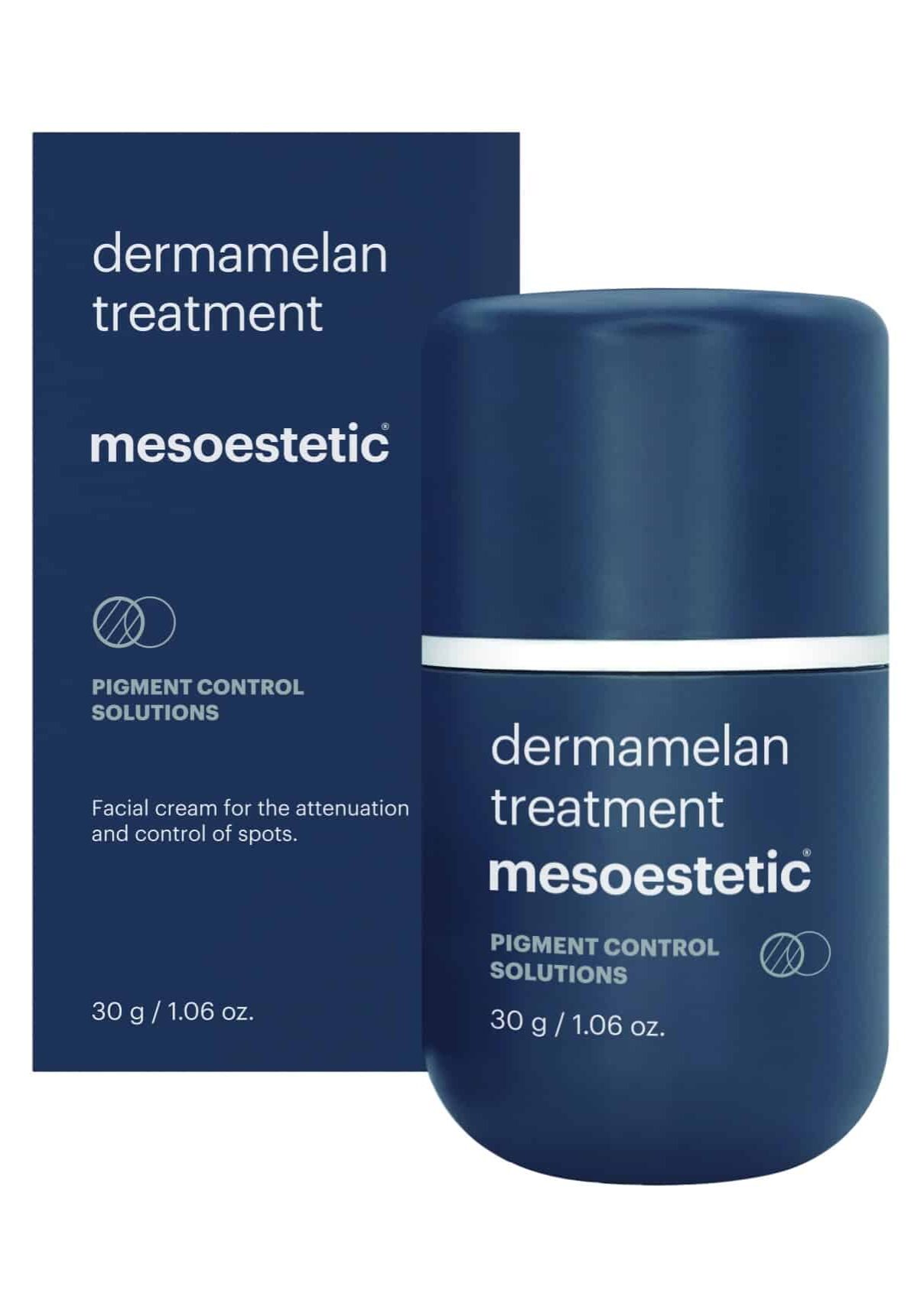 Dermamelan Treatment cream by Mesoestetic shown with product box for facial pigmentation control